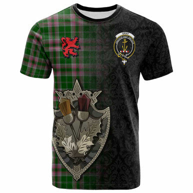 Scottish Gray Clan Crest Tartan T-Shirt - Half Thistle Flowers Celtic Design Front Side Tartan Plaid