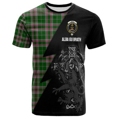 Scottish Gray Clan Crest Tartan T-Shirt - Lion Rampant Celtic Cross Flash Style Front Side Tartan Plaid