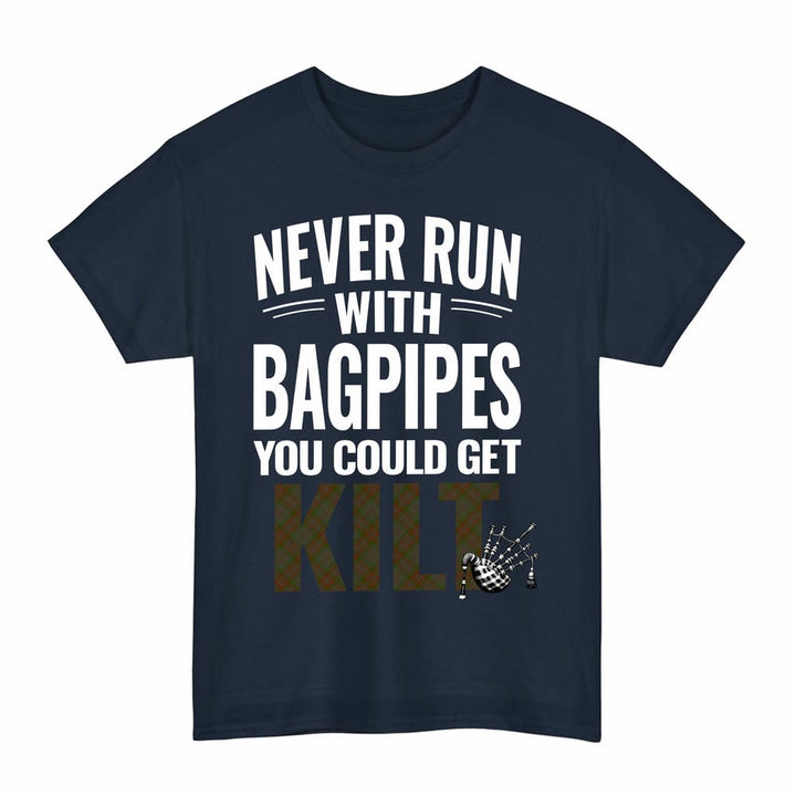 Scottish Gray Clan Tartan Never Run With Bagpipes T-Shirt Tartan Plaid Navy Color