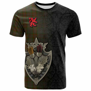 Scottish Gray Clan Tartan T-Shirt - Half Thistle Flowers Celtic Design Front Side Tartan Plaid