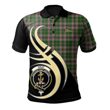 Scottish Gray Hunting Clan Crest Tartan Polo Shirt Believe in Me Front Side Tartan Plaid