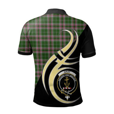 Scottish Gray Hunting Clan Crest Tartan Polo Shirt Believe in Me Back Side Tartan Plaid