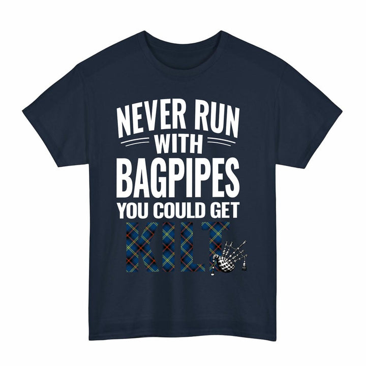Scottish Grewar Clan Tartan Never Run With Bagpipes T-Shirt Tartan Plaid Navy Color