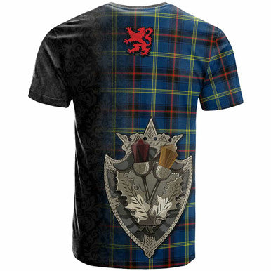 Scottish Grewar Clan Tartan T-Shirt - Half Thistle Flowers Celtic Design Back Side Tartan Plaid