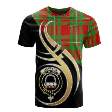 Scottish Grierson Clan Crest Tartan T-Shirt Believe in Me Front Side Tartan Plaid