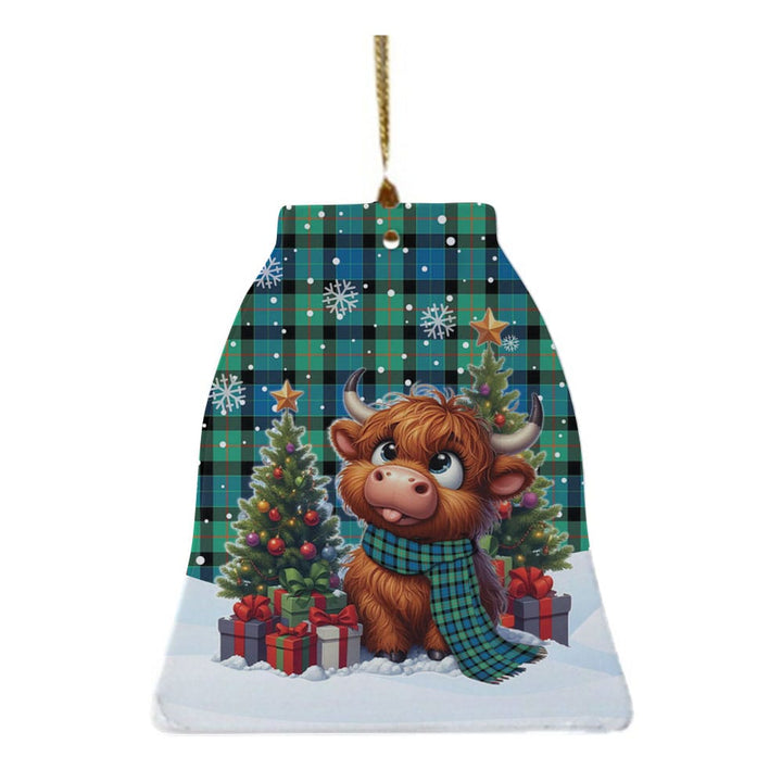 Scottish Gunn Ancient Clan Tartan Ceramic Ornament Cute Highland Cow Christmas Bell Style Tartan Plaid
