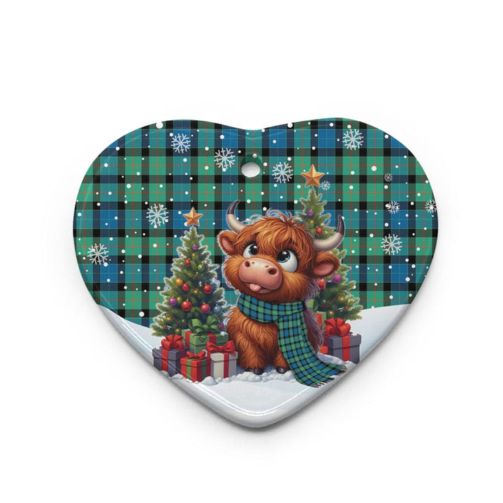 Scottish Gunn Ancient Clan Tartan Ceramic Ornament Cute Highland Cow Christmas Heart Style Tartan Plaid