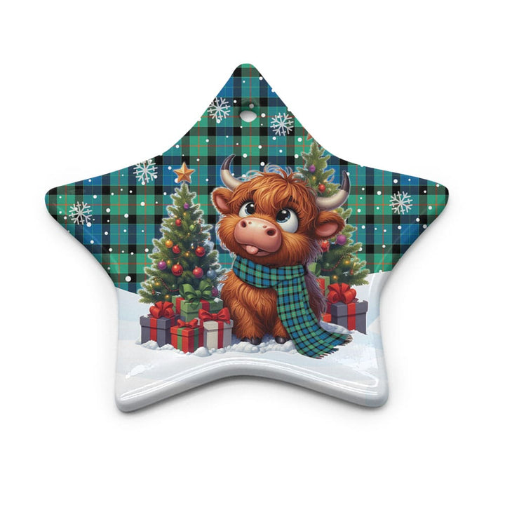 Scottish Gunn Ancient Clan Tartan Ceramic Ornament Cute Highland Cow Christmas Star Style Tartan Plaid