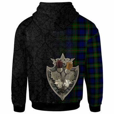 Scottish Gunn Clan Crest Tartan Hoodie - Half Thistle Flowers Celtic Design Back Side Tartan Plaid