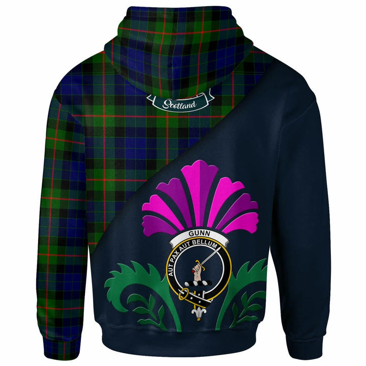 Scottish Gunn Clan Crest Tartan Hoodie - Scotland Thistle Style Back Side Tartan Plaid
