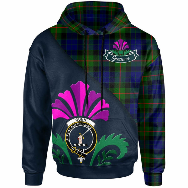 Scottish Gunn Clan Crest Tartan Hoodie - Scotland Thistle Style Front Side Tartan Plaid
