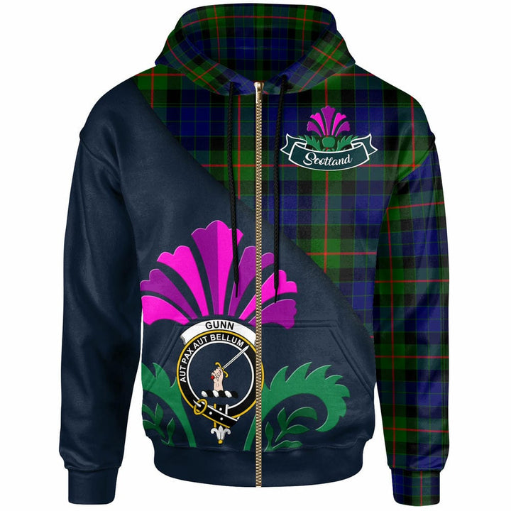 Scottish Gunn Clan Crest Tartan Hoodie - Scotland Thistle Style Zip-up Tartan Plaid