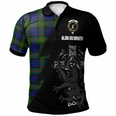 Scottish Gunn Clan Crest Tartan Polo Shirt - Lion Rampant Celtic Cross Flash Style Front Side Tartan Plaid