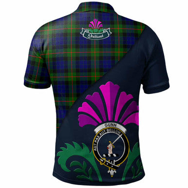 Scottish Gunn Clan Crest Tartan Polo Shirt - Scotland Thistle Style Back Side Tartan Plaid