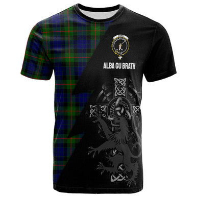 Scottish Gunn Clan Crest Tartan T-Shirt - Lion Rampant Celtic Cross Flash Style Front Side Tartan Plaid