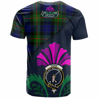 Scottish Gunn Clan Crest Tartan T-Shirt - Scotland Thistle Style Back Side Tartan Plaid
