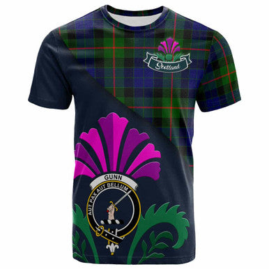 Scottish Gunn Clan Crest Tartan T-Shirt - Scotland Thistle Style Front Side Tartan Plaid