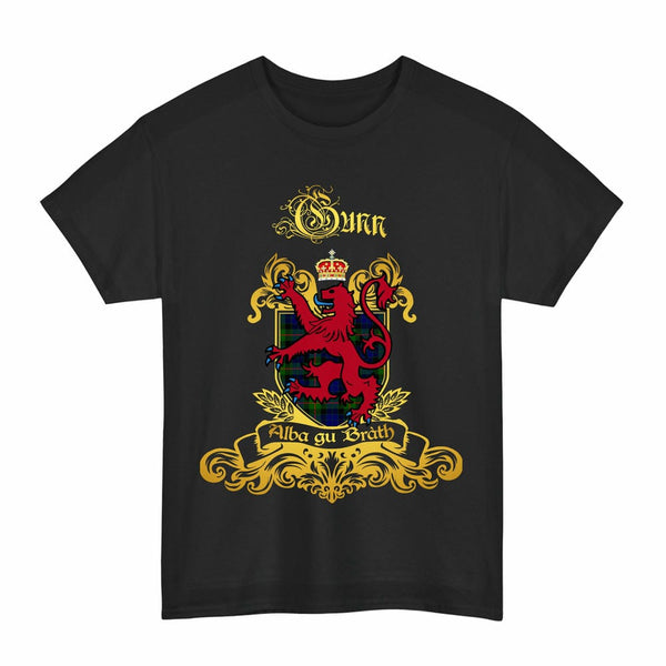 Scottish Gunn Clan Tartan Lion Rampant of Scotland T-Shirt Tartan Plaid Black Color