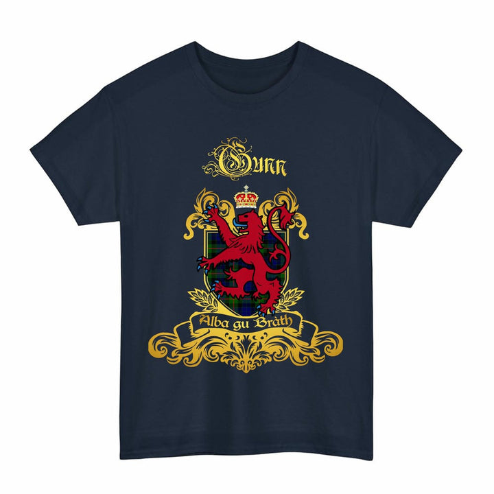 Scottish Gunn Clan Tartan Lion Rampant of Scotland T-Shirt Tartan Plaid Navy Color
