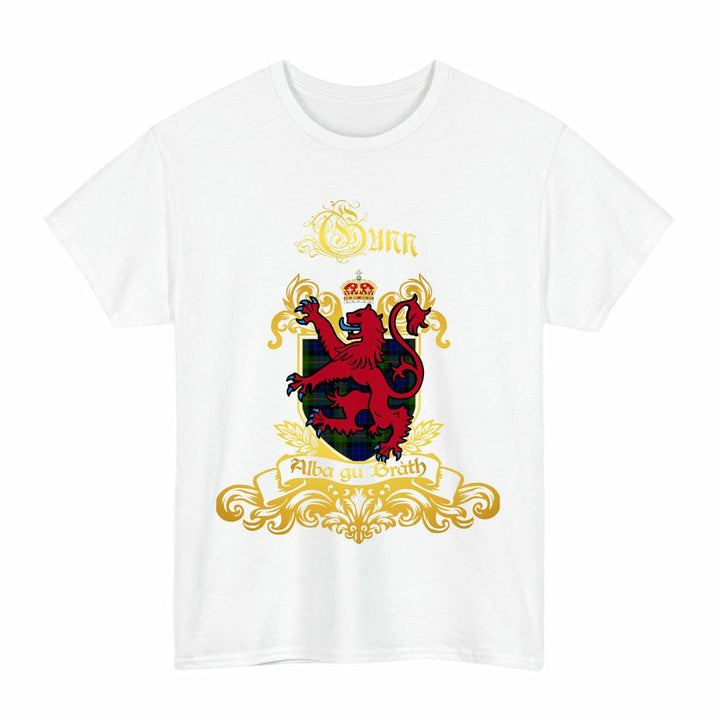 Scottish Gunn Clan Tartan Lion Rampant of Scotland T-Shirt Tartan Plaid White Color