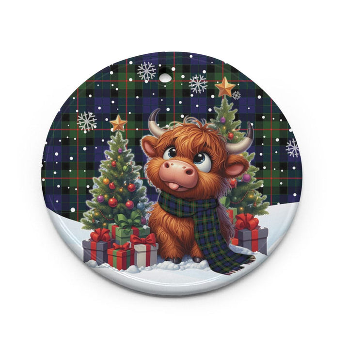 Scottish Gunn Modern Clan Tartan Ceramic Ornament Cute Highland Cow Christmas Circle Style Tartan Plaid