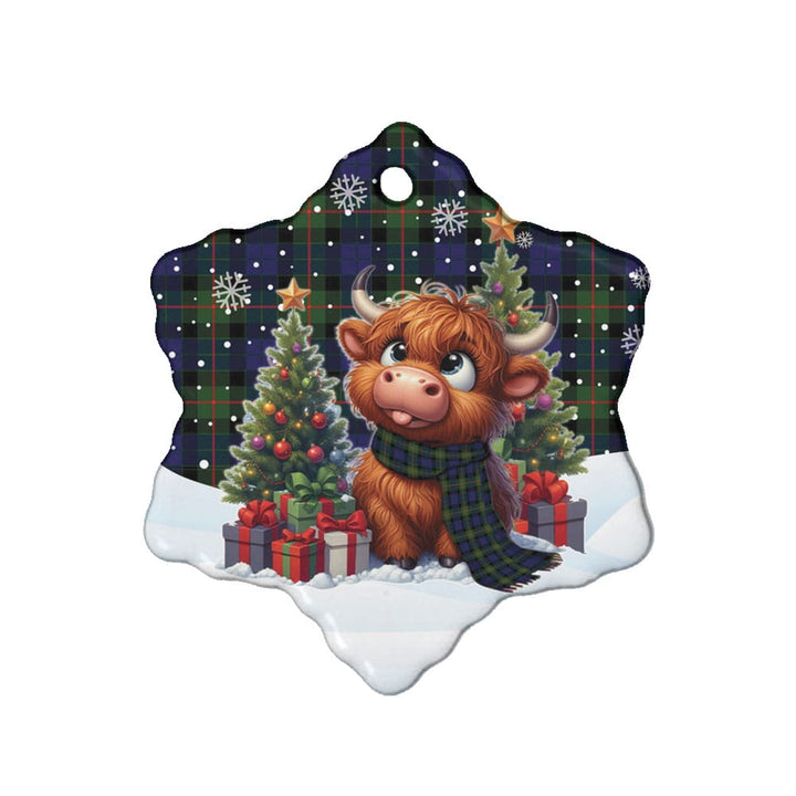 Scottish Gunn Modern Clan Tartan Ceramic Ornament Cute Highland Cow Christmas Snow Flake Style Tartan Plaid