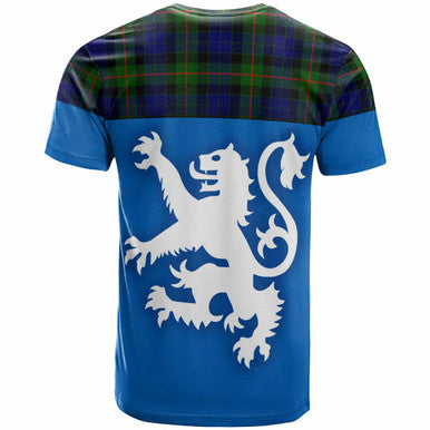 Scottish Gunn Modern Clan Tartan T-Shirt - Lion Rampant of Scotland With Flag Back Side Tartan Plaid