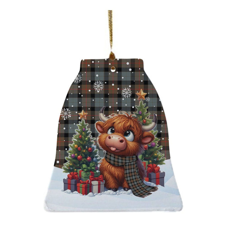 Scottish Gunn Weathered Clan Tartan Ceramic Ornament Cute Highland Cow Christmas Bell Style Tartan Plaid