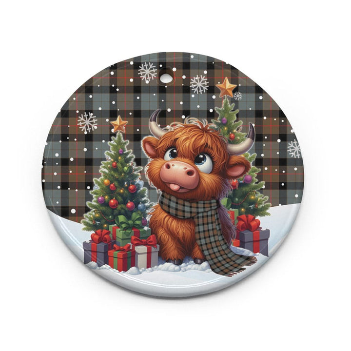 Scottish Gunn Weathered Clan Tartan Ceramic Ornament Cute Highland Cow Christmas Circle Style Tartan Plaid
