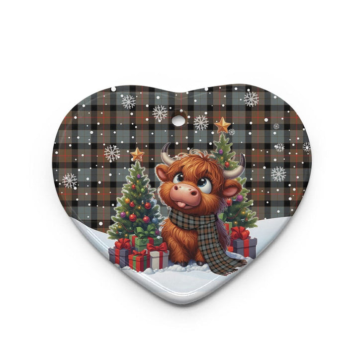 Scottish Gunn Weathered Clan Tartan Ceramic Ornament Cute Highland Cow Christmas Heart Style Tartan Plaid