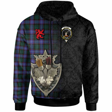 Scottish Guthrie Clan Crest Tartan Hoodie - Half Thistle Flowers Celtic Design Front Side Tartan Plaid