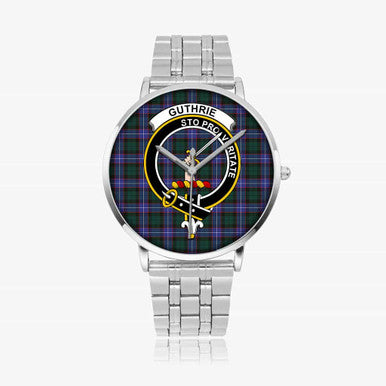Scottish Guthrie Clan Crest Tartan Instafamous Steel Quartz Watches Tartan Plaid Silver 1