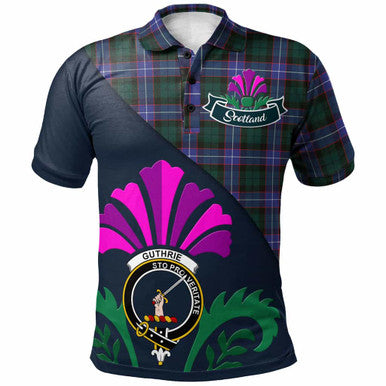 Scottish Guthrie Clan Crest Tartan Polo Shirt - Scotland Thistle Style Front Side Tartan Plaid