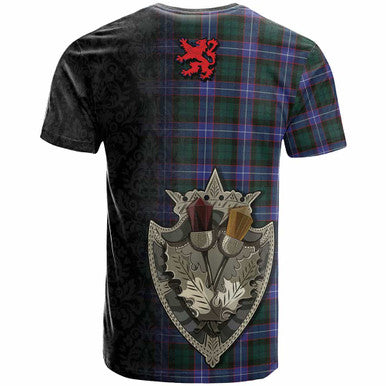 Scottish Guthrie Clan Crest Tartan T-Shirt - Half Thistle Flowers Celtic Design Back Side Tartan Plaid