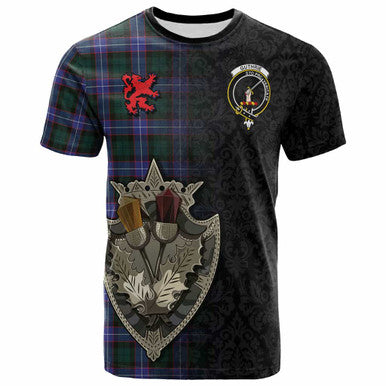 Scottish Guthrie Clan Crest Tartan T-Shirt - Half Thistle Flowers Celtic Design Front Side Tartan Plaid
