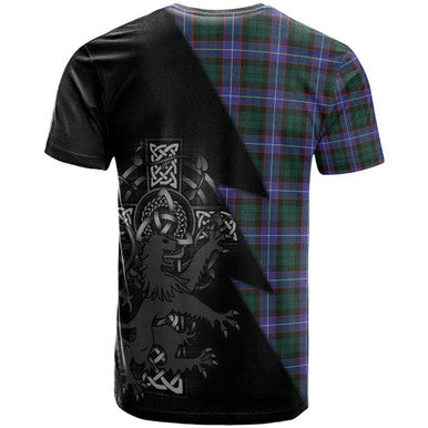 Scottish Guthrie Clan Crest Tartan T-Shirt - Lion Rampant Celtic Cross Flash Style Back Side Tartan Plaid