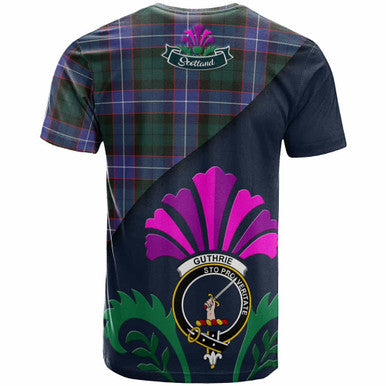 Scottish Guthrie Clan Crest Tartan T-Shirt - Scotland Thistle Style Back Side Tartan Plaid