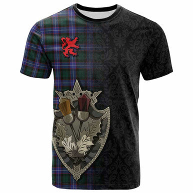 Scottish Guthrie Modern Clan Tartan T-Shirt - Half Thistle Flowers Celtic Design Front Side Tartan Plaid