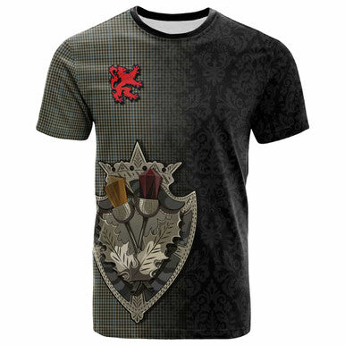 Scottish Haig Check Clan Tartan T-Shirt - Half Thistle Flowers Celtic Design Front Side Tartan Plaid