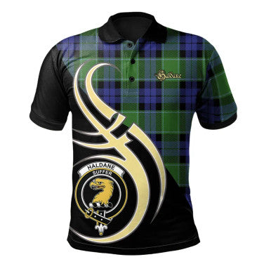 Scottish Haldane Clan Crest Tartan Polo Shirt Believe in Me Front Side Tartan Plaid