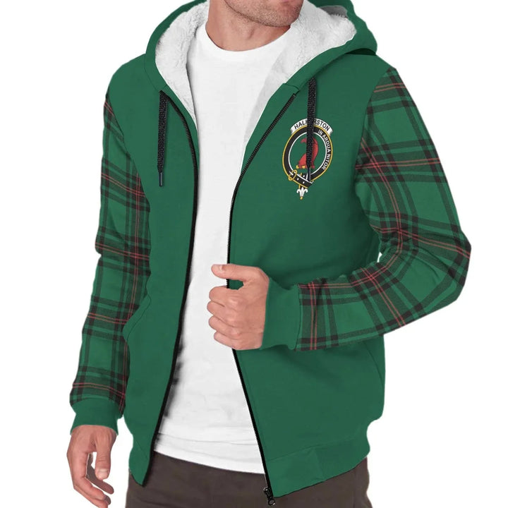 Scottish Halkerston Clan Crest Tartan Plaid Sleeve Sherpa Hoodie