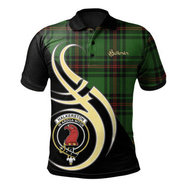 Scottish Halkerston Clan Crest Tartan Polo Shirt Believe in Me Front Side Tartan Plaid