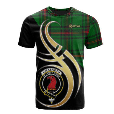 Scottish Halkerston Clan Crest Tartan T-Shirt Believe in Me Front Side Tartan Plaid