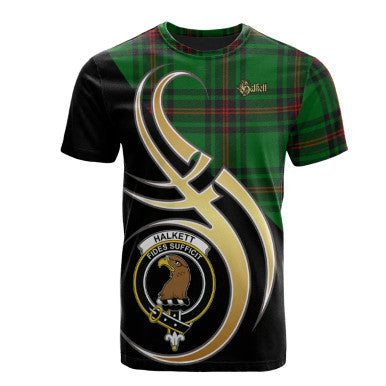 Scottish Halkett Clan Crest Tartan T-Shirt Believe in Me Front Side Tartan Plaid