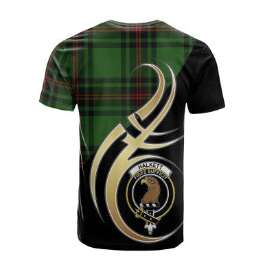 Scottish Halkett Clan Crest Tartan T-Shirt Believe in Me Back Side Tartan Plaid