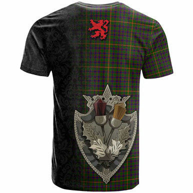 Scottish Hall Clan Tartan T-Shirt - Half Thistle Flowers Celtic Design Back Side Tartan Plaid
