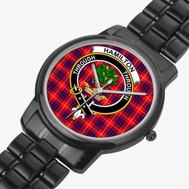 Scottish Hamilton Clan Crest Tartan Folding Clasp Steel Quartz Watches Tartan Plaid Black 2