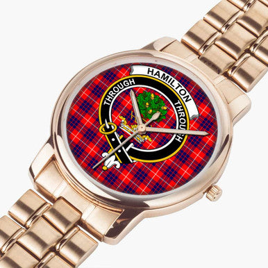 Scottish Hamilton Clan Crest Tartan Folding Clasp Steel Quartz Watches Tartan Plaid Rose Gold 2