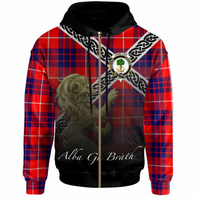Scottish Hamilton Clan Crest Tartan Hoodie - Scotland Lion Zip-up Tartan Plaid