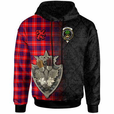 Scottish Hamilton Clan Crest Tartan Hoodie - Half Thistle Flowers Celtic Design Front Side Tartan Plaid